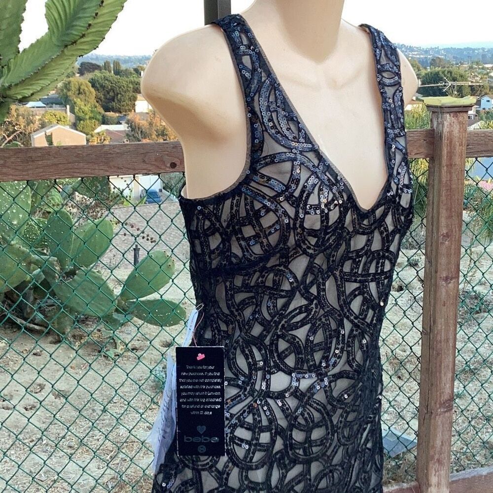 NWT Bebe Frosty Organza Sequin V-Neck Mini Dress Black Women’s XS - Picture 6 of 13
